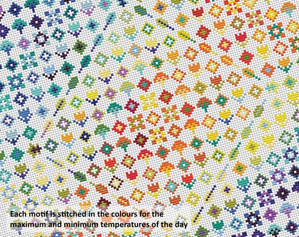 Rainbow Temperature Garden cross stitch pattern - maximum and minimum temperatures version. Each motif is stitched in the colours for the maximum and minimum temperatures of the day.