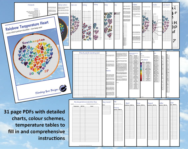 Rainbow Temperature Heart cross stitch pattern by Climbing Goat Designs. 31 page PDFs with detailed charts, colour schemes, temperature tables to fill in and comprehensive instructions.