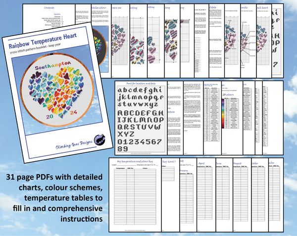 Rainbow Temperature Heart cross stitch pattern. 31 page PDFs with detailed charts, colour schemes, temperature tables to fill in and comprehensive instructions.