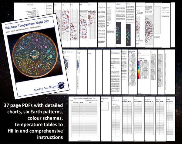 Rainbow Temperature Night Sky cross stitch pattern - maximum temperatures version. 37 page PDFs with detailed charts, six Earth patterns, colour schemes, temperature tables to fill in and comprehensive instructions.