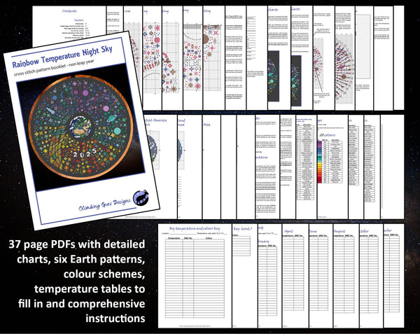 37 page PDFs with detailed charts, six Earth patterns, colour schemes, temperature tables to fill in and comprehensive instructions