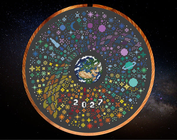 Rainbow Temperature Night Sky cross stitch pattern - maximum temperatures version. Shown in hoop.
