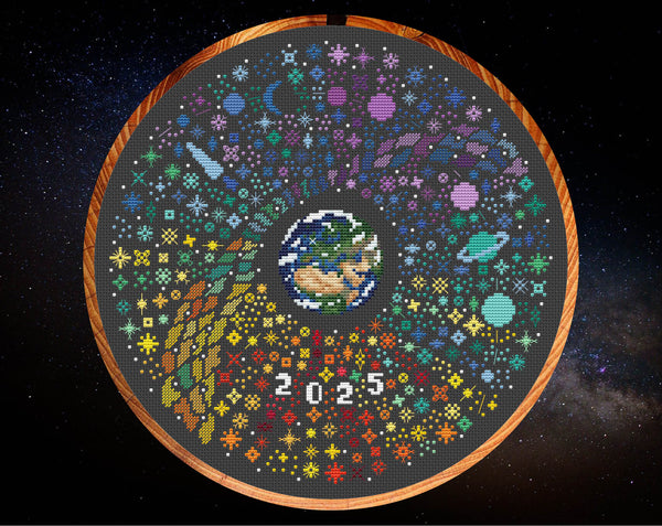 Rainbow Temperature Night Sky cross stitch pattern. Shown in 11 inch hoop on black fabric.