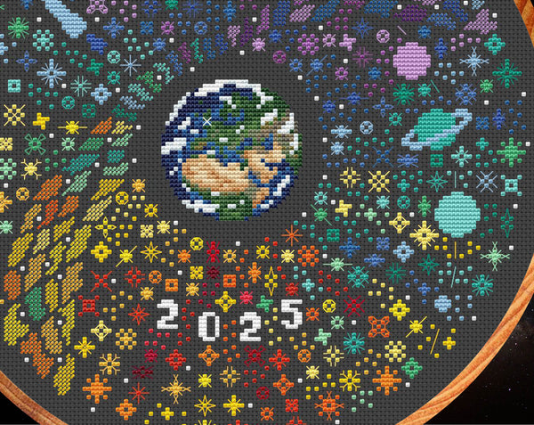 Rainbow Temperature Night Sky cross stitch pattern. Close up of lower right of design.