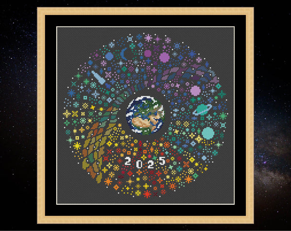 Rainbow Temperature Night Sky cross stitch pattern. Shown in frame on black fabric.