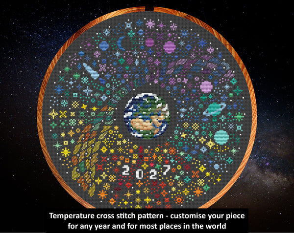 Rainbow Temperature Night Sky cross stitch pattern - maximum temperatures version. Temperature cross stitch pattern - customise your piece for any year and for most places in the world.