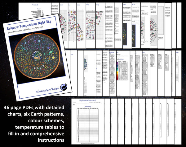 Rainbow Temperature Night Sky cross stitch pattern - maximum and minimum temperatures version. 46 page PDFs with detailed charts, six Earth patterns, colour schemes, temperature tables to fill in and comprehensive instructions.