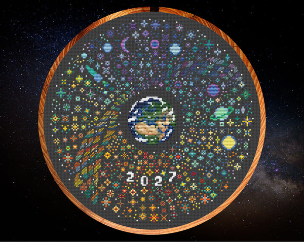 Rainbow Temperature Night Sky cross stitch pattern - maximum and minimum temperatures version. Shown in hoop.