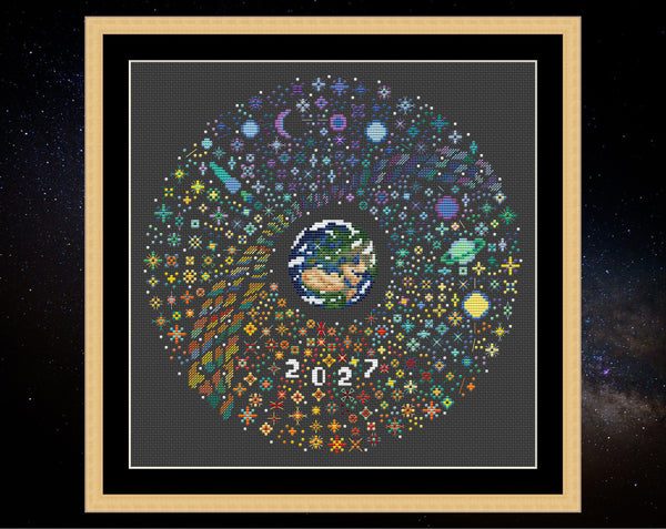 Rainbow Temperature Night Sky cross stitch pattern - maximum and minimum temperatures version. Shown in frame.
