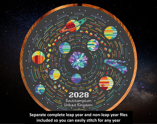 Rainbow Temperature Solar System cross stitch pattern - maximum and minimum temperatures version. Separate complete leap year and non-leap year files included so you can easily stitch for any year.