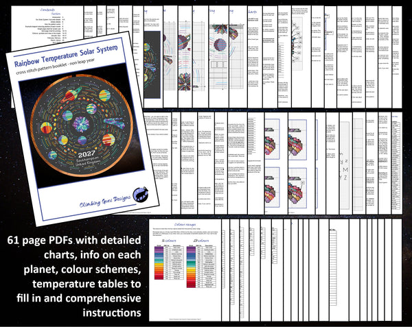 Rainbow Temperature Solar System cross stitch pattern - maximum and minimum temperatures version. 61 page PDFs with detailed charts, info on each planet, colour schemes, temperature tables to fill in and comprehensive instructions.