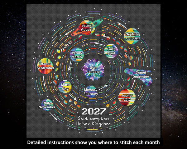 Rainbow Temperature Solar System cross stitch pattern - maximum and minimum temperatures version. Detailed instructions show you where to stitch each month.