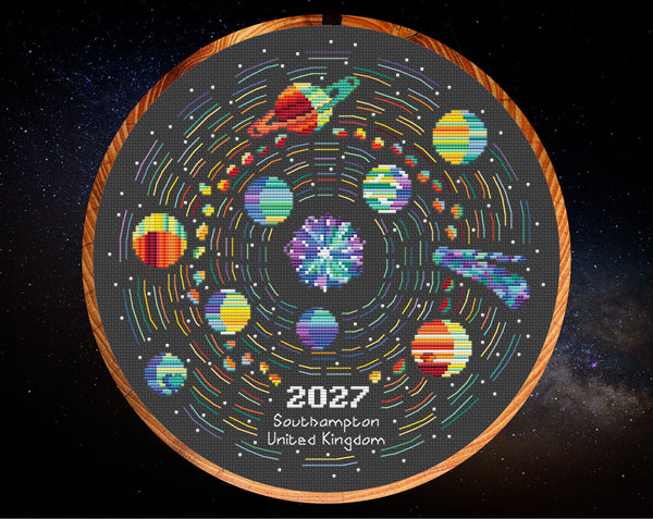 Rainbow Temperature Solar System cross stitch pattern - maximum and minimum temperatures version. Shown in hoop.