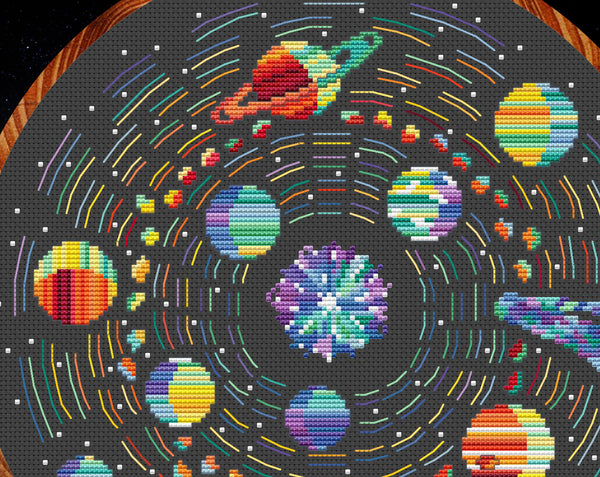 Rainbow Temperature Solar System cross stitch pattern - maximum and minimum temperatures version. Close up of upper half of pattern.