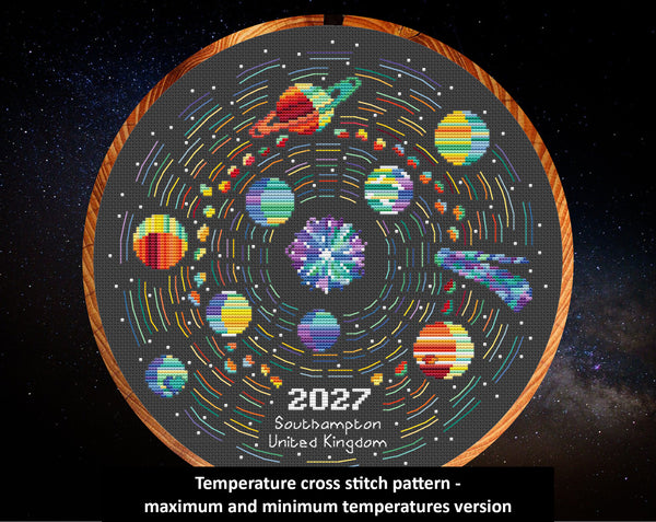 Rainbow Temperature Solar System cross stitch pattern - maximum and minimum temperatures version