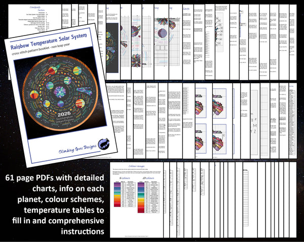 Rainbow Temperature Solar System cross stitch pattern. 61 page PDFs with detailed charts, info on each planet, colour schemes, temperature tables to fill in and comprehensive instructions.