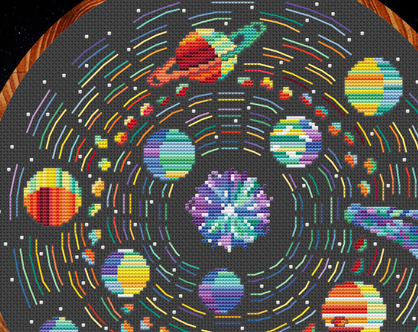 Rainbow Temperature Solar System cross stitch pattern - maximum and minimum temperatures version. Close up of upper left of design.