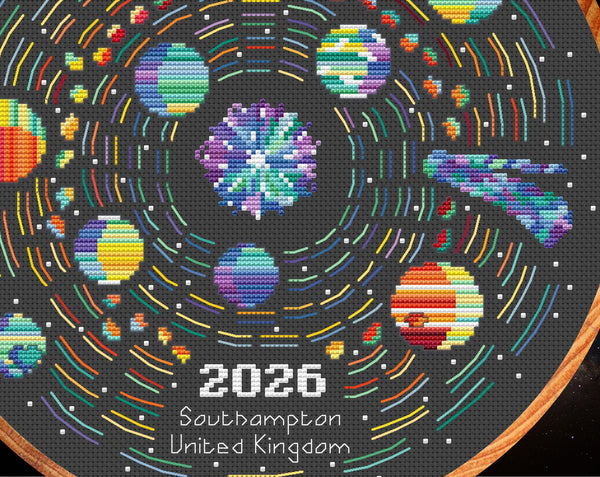 Rainbow Temperature Solar System cross stitch pattern - maximum and minimum temperatures version. Close up of lower right of design.