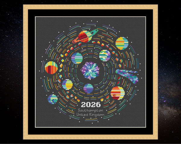 Rainbow Temperature Solar System cross stitch pattern - maximum and minimum temperatures version. Shown in frame on black fabric.