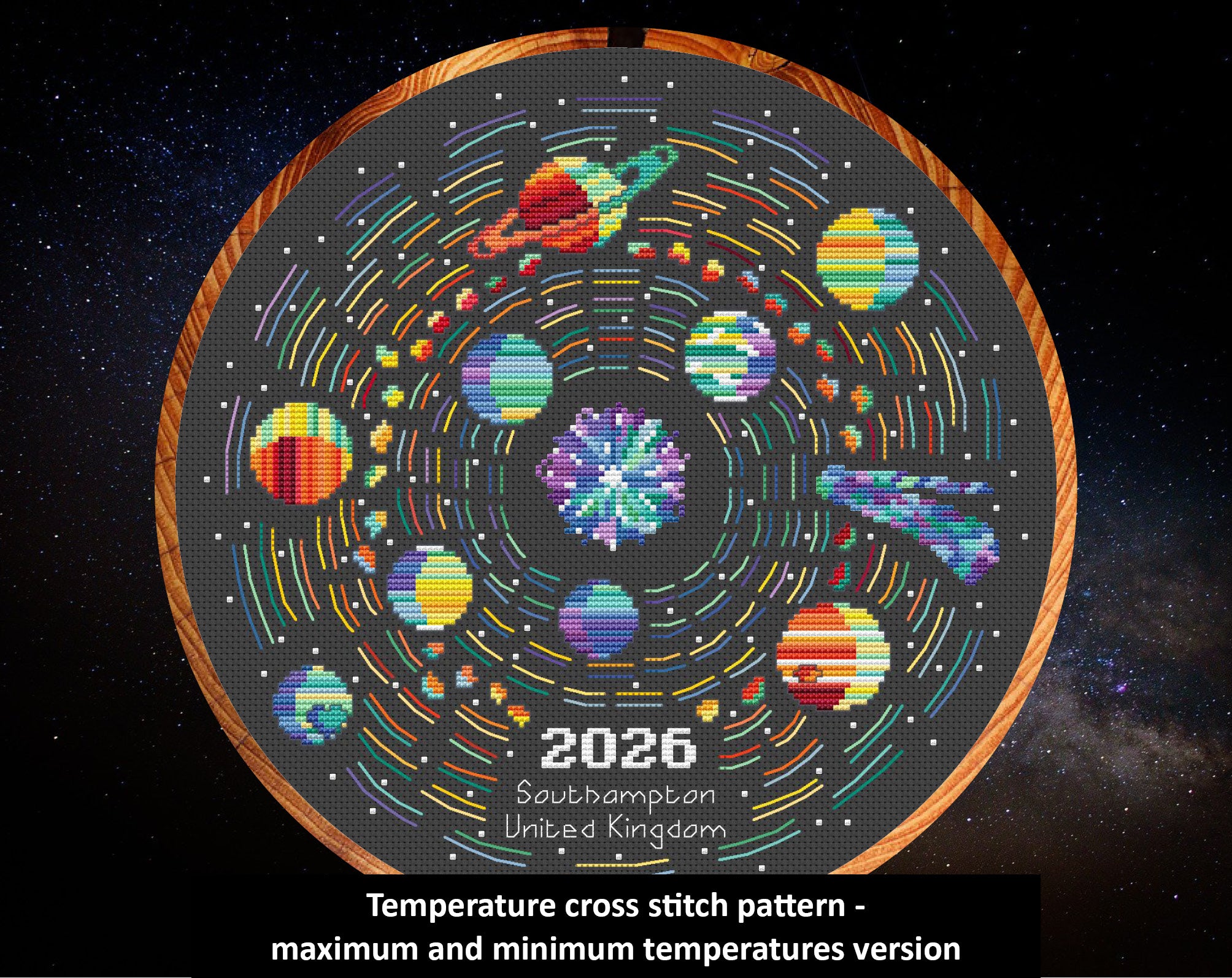 Rainbow Temperature Solar System cross stitch pattern - maximum and minimum temperatures version.
