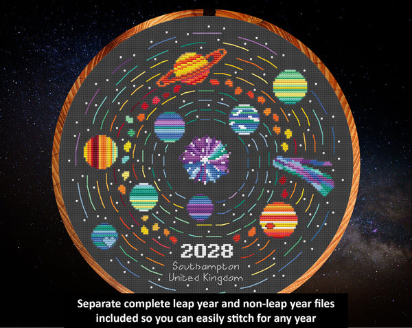 Rainbow Temperature Solar System cross stitch pattern. Separate complete leap year and non-leap year files included so you can easily stitch for any year.