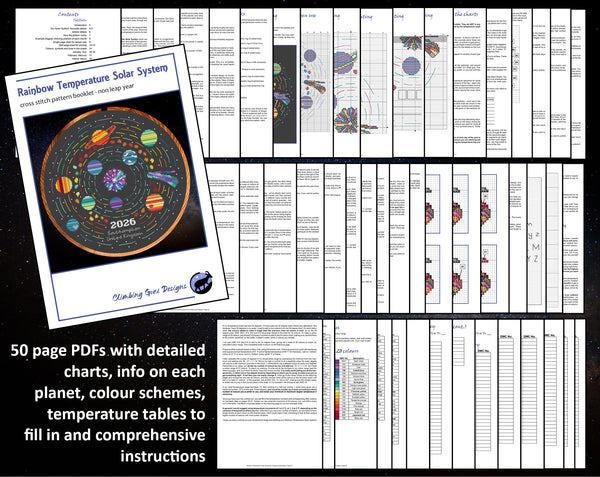 Rainbow Temperature Solar System cross stitch pattern. 50 page PDFs with detailed charts, info on each planet, colour schemes, temperature tables to fill in and comprehensive instructions.