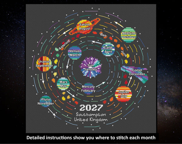 Rainbow Temperature Solar System - maximum temperatures version. Detailed instructions show you where to stitch each month.
