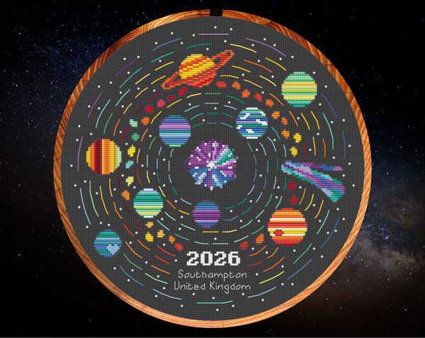 Rainbow Temperature Solar System cross stitch pattern. Shown in 11 inch hoop on black fabric.