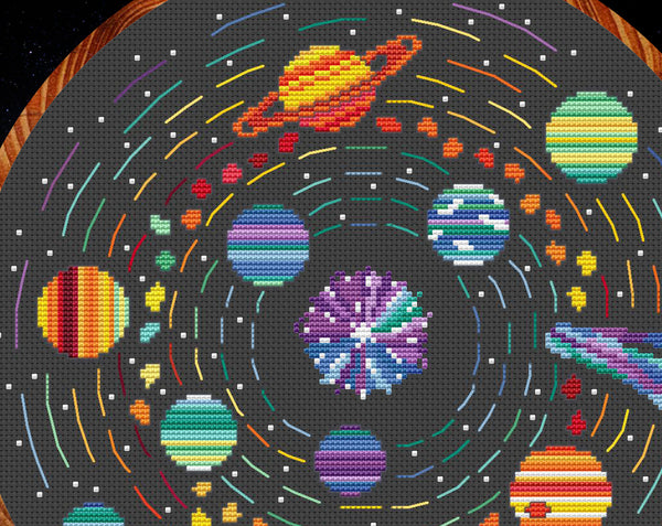 Rainbow Temperature Solar System cross stitch pattern. Close up of upper left of design.
