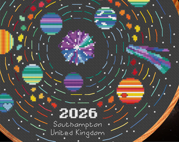 Rainbow Temperature Solar System cross stitch pattern. Close up of lower right of design.