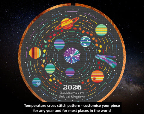 Rainbow Temperature Solar System cross stitch pattern. Customise your piece for any year and for most places in the world.