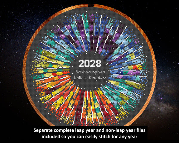 Rainbow Temperature Supernova cross stitch pattern by Climbing Goat Designs - maximum temperatures version. Separate complete leap year and non-leap year files included so you can easily stitch for any year.