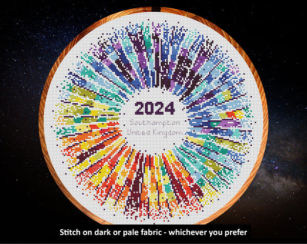 Rainbow Temperature Supernova cross stitch pattern. Stitch on dark or pale fabric - whichever you prefer.