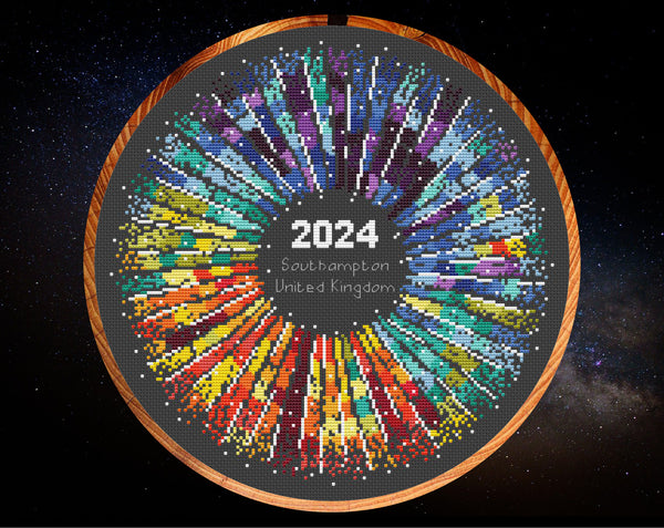 Rainbow Temperature Supernova cross stitch pattern. Shown in hoop.