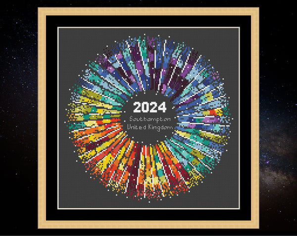 Rainbow Temperature Supernova cross stitch pattern. Shown in frame on black fabric.