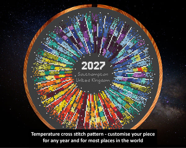 Rainbow Temperature Supernova cross stitch pattern by Climbing Goat Designs - maximum temperatures version. Customise your piece for any year and for most places in the world.