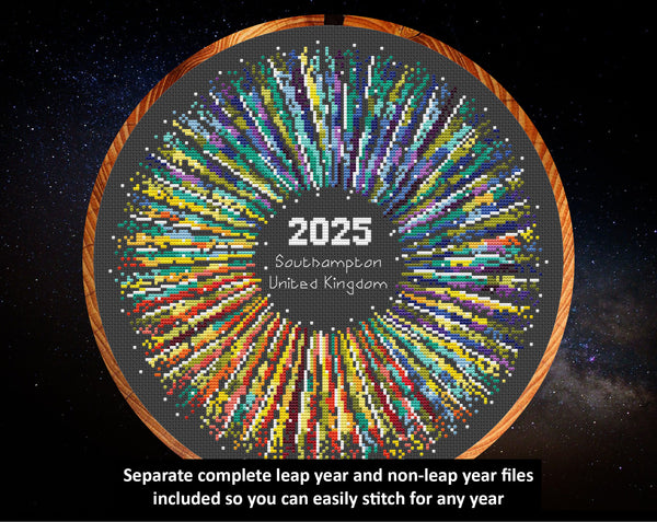 Rainbow Temperature Supernova cross stitch pattern – maximum and minimum temperatures version. Separate complete leap year and non-leap year files included so you can easily stitch for any year.