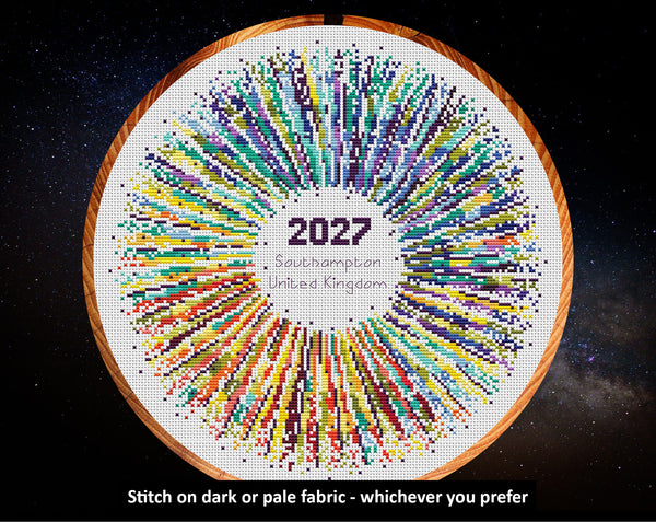 Rainbow Temperature Supernova cross stitch pattern by Climbing Goat Designs - maximum and minimum temperatures version. Stitch on dark or pale fabric - whichever you prefer.