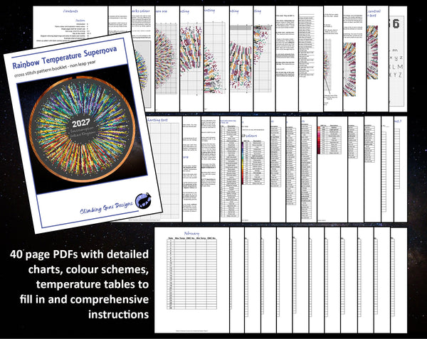 Rainbow Temperature Supernova cross stitch pattern by Climbing Goat Designs - maximum and minimum temperatures version. 40 page PDFs with detailed charts, colour schemes, temperature tables to fill in and comprehensive instructions.