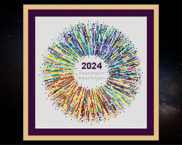 Rainbow Temperature Supernova cross stitch pattern - maximum and minimum temperatures version. Shown in frame on pale fabric.