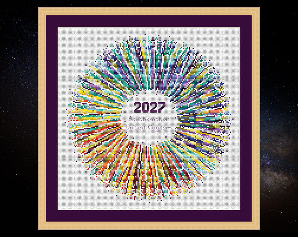 Rainbow Temperature Supernova cross stitch pattern by Climbing Goat Designs - maximum and minimum temperatures version. Shown in frame on white fabric.