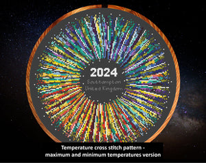 Rainbow Temperature Supernova cross stitch pattern - maximum and minimum temperatures version. Customise your piece for any year and for most places in the world.