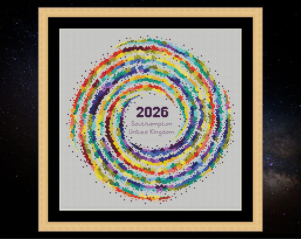 Rainbow Temperature Galaxy cross stitch pattern - example image for Southampton for 2026, shown on white fabric in square frame. Maximum and minimum temperatures pattern version.