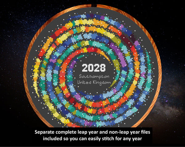 Rainbow Temperature Galaxy cross stitch pattern - a cross stitch chart of a colourful spiral shape with each spiral arm coloured in shades of the rainbow to show temperatures throughout the year. The text reads: 'Separate leap year and non-leap year files included so you can easily stitch for any year'