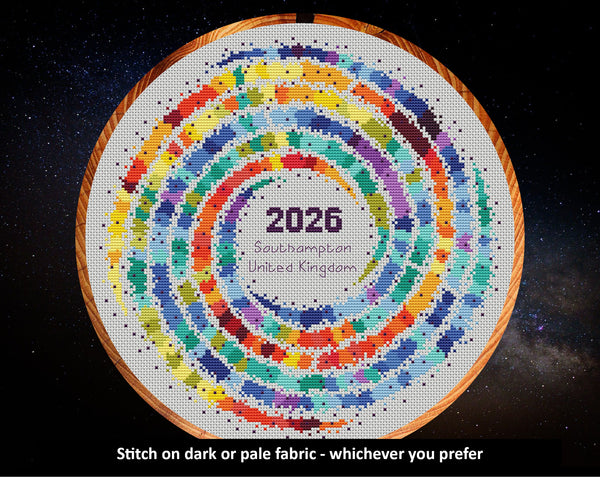 Rainbow Temperature Galaxy cross stitch pattern - image of the piece on white in 11 inch hoop, with caption reading 'Stitch on dark or pale fabric - whichever you prefer'