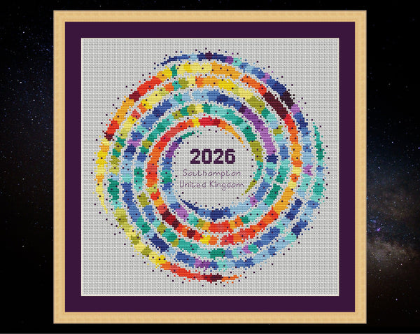 Rainbow Temperature Galaxy cross stitch pattern - example image for Southampton for 2026, shown on white fabric in square frame