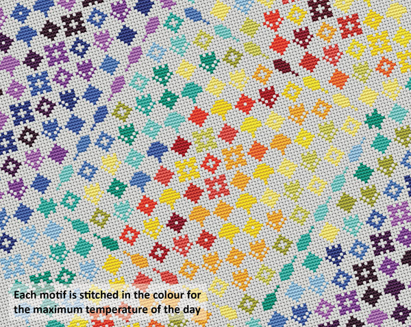 Rainbow Temperature Garden cross stitch pattern. Each motif is stitched in the colour for the maximum temperature of the day.