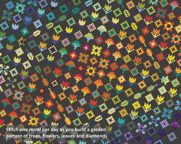Rainbow Temperature Garden cross stitch pattern - maximum and minimum temperatures version. Stitch one motif per day as you build a garden pattern of trees, flowers, leaves and diamonds.