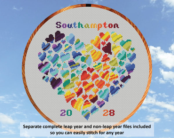 Rainbow Temperature Heart cross stitch pattern. Separate complete leap year and non-leap year files included so you can easily stitch for any year.