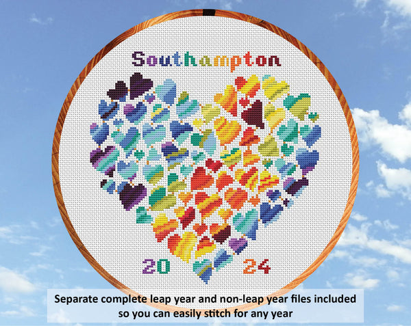 Rainbow Temperature Heart cross stitch pattern. Separate complete leap year and non-leap year files included so you can easily stitch for any year.
